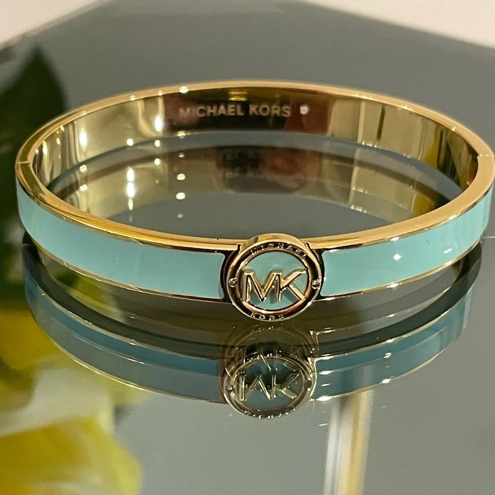 Michael Kors MK Logo Gold & Turquoise Enamel Bangle Bracelet MKJ7938710 + MK BOX - Picture 2 of 10